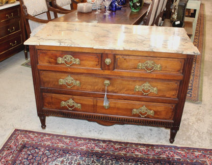 Antique French Louis XVI Mahogany Chest, 4 Drawer Marble Top Dresser, Neoclassical Commode, Sideboard Cabinet