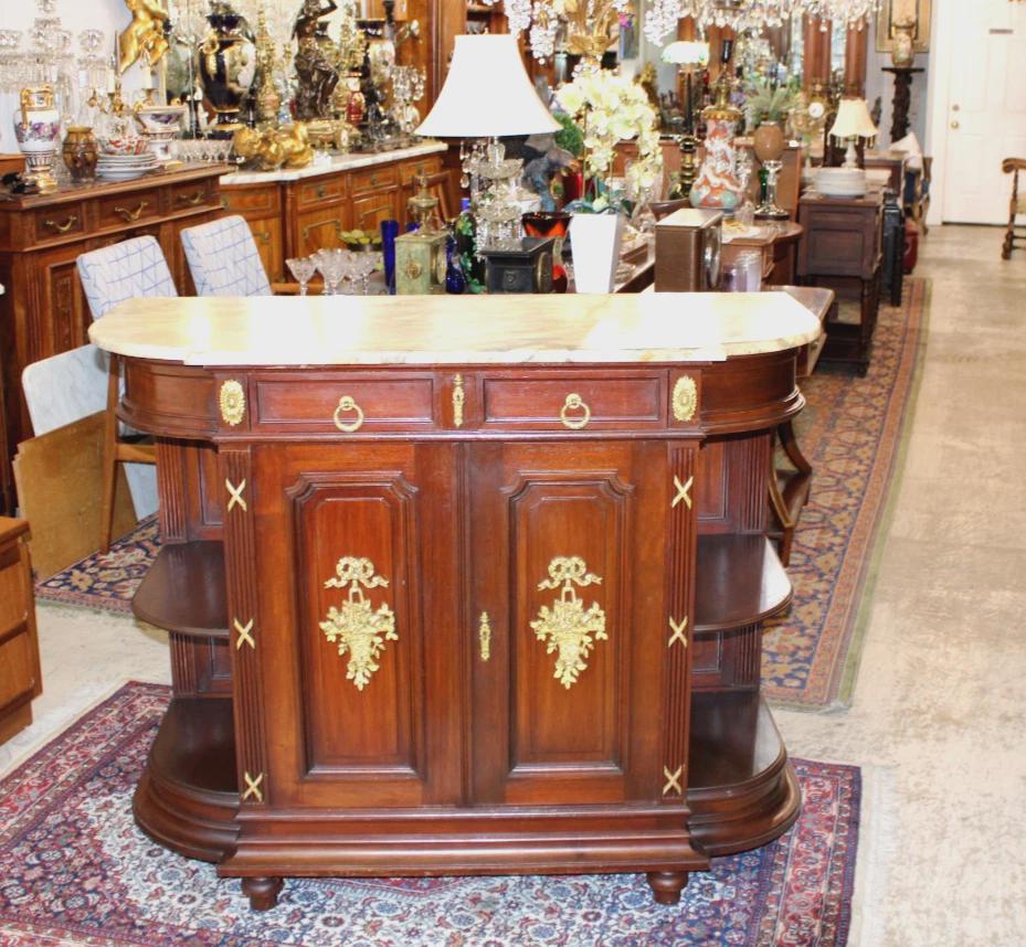 French Antique Marble Top Louis XVI Mahogany Sideboard / Server / Bar Cabinet