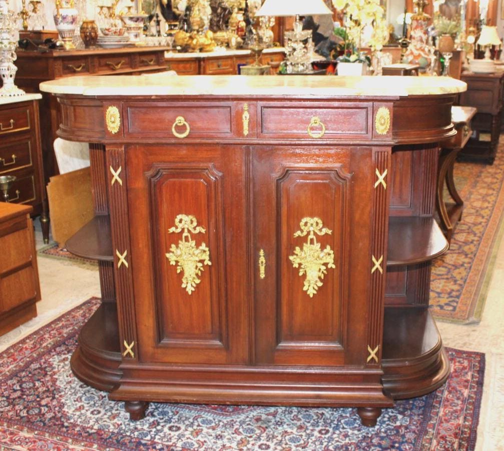 French Antique Marble Top Louis XVI Mahogany Sideboard / Server / Bar Cabinet