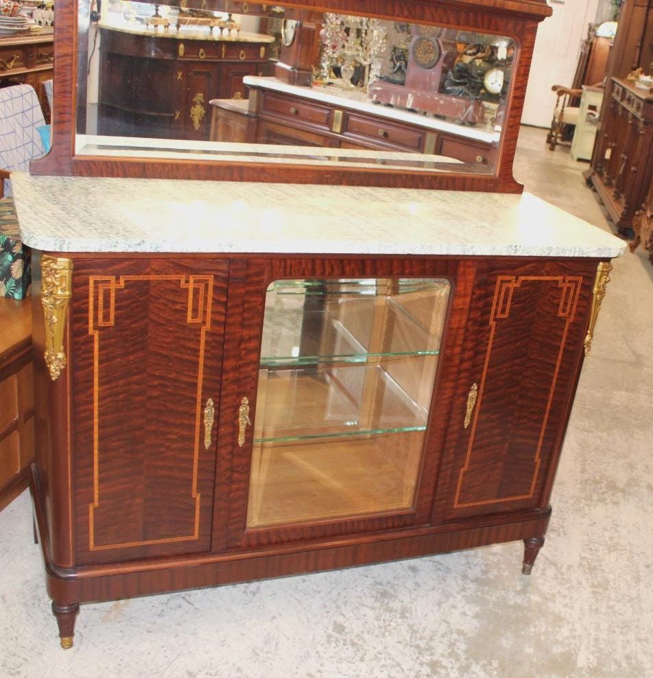 Antique French Louis XVI Marble Top Sideboard c1880, Mahogany Buffet Server, Glass Display Cabinet, Neoclassical