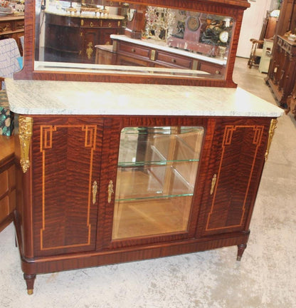 Antique French Louis XVI Marble Top Sideboard c1880, Mahogany Buffet Server, Glass Display Cabinet, Neoclassical