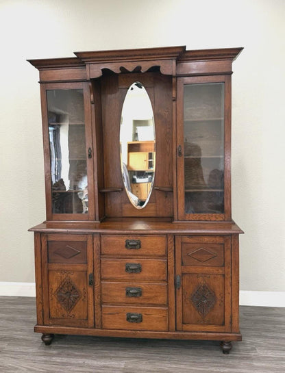 Antique English Oak Buffet China Cabinet, Victorian Sideboard Hutch, Glass Display Cabinet, Traditional Dining Storage