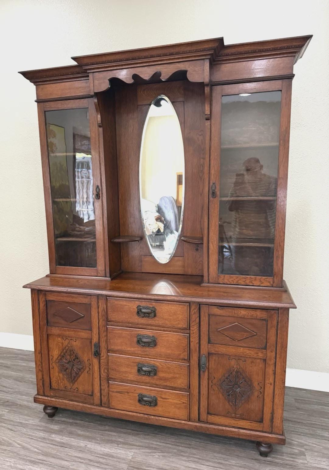 Antique English Oak Buffet China Cabinet, Victorian Sideboard Hutch, Glass Display Cabinet, Traditional Dining Storage