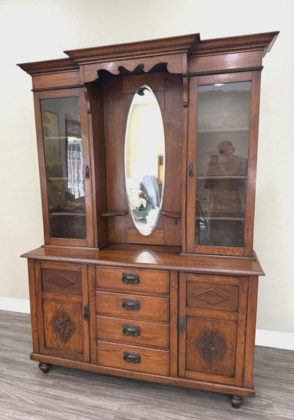 Antique English Oak Buffet China Cabinet, Victorian Sideboard Hutch, Glass Display Cabinet, Traditional Dining Storage