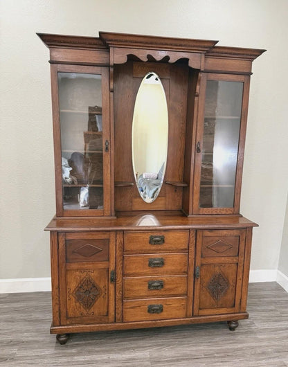 Antique English Oak Buffet China Cabinet, Victorian Sideboard Hutch, Glass Display Cabinet, Traditional Dining Storage