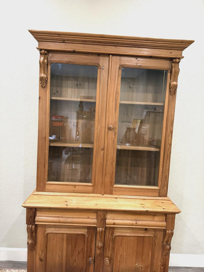 Antique English Pine Buffet China Cabinet, Rustic Farmhouse Hutch, Glass Display Cabinet, Country Kitchen Storage