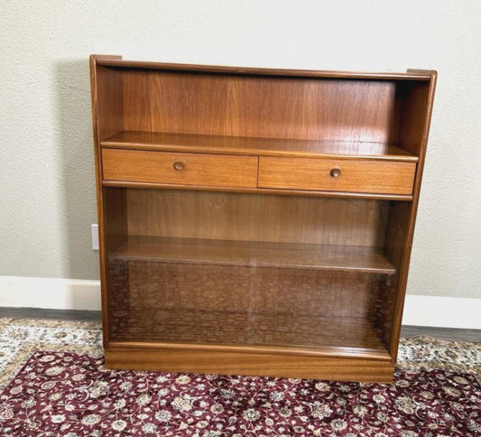 Mid Century Modern Teak Bookcase Cabinet, Glass Sliding Doors, 2 Drawer Storage, Danish Modern Display Shelf