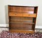 Mid Century Modern Teak Bookcase Cabinet, Glass Sliding Doors, 2 Drawer Storage, Danish Modern Display Shelf