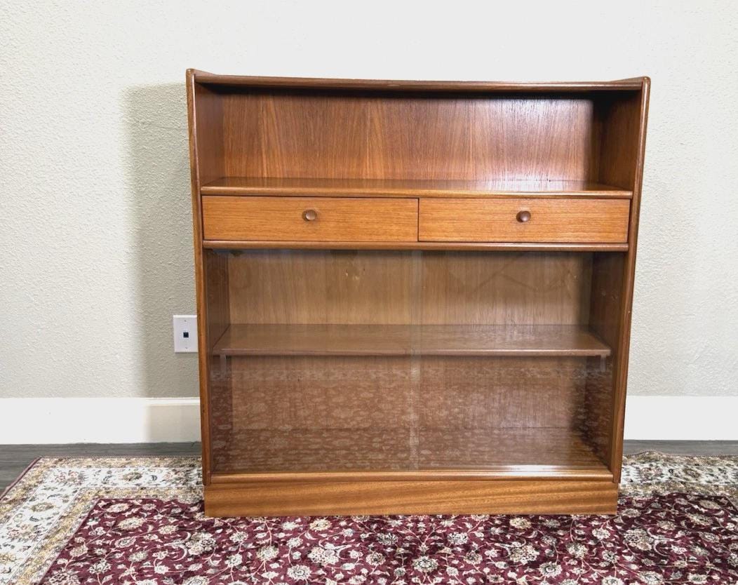 Mid Century Modern Teak Bookcase Cabinet, Glass Sliding Doors, 2 Drawer Storage, Danish Modern Display Shelf