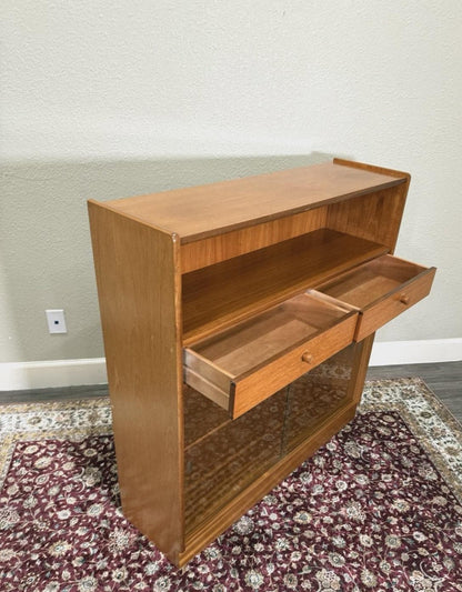 Mid Century Modern Teak Bookcase Cabinet, Glass Sliding Doors, 2 Drawer Storage, Danish Modern Display Shelf