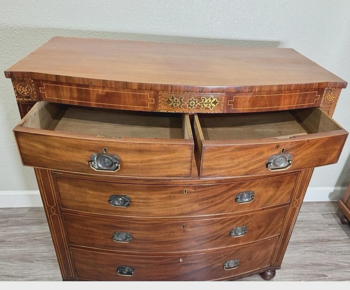 Antique English Inlaid Mahogany Chest of Drawers, 6 Drawer Dresser, Edwardian Highboy, Vintage Bedroom Furniture