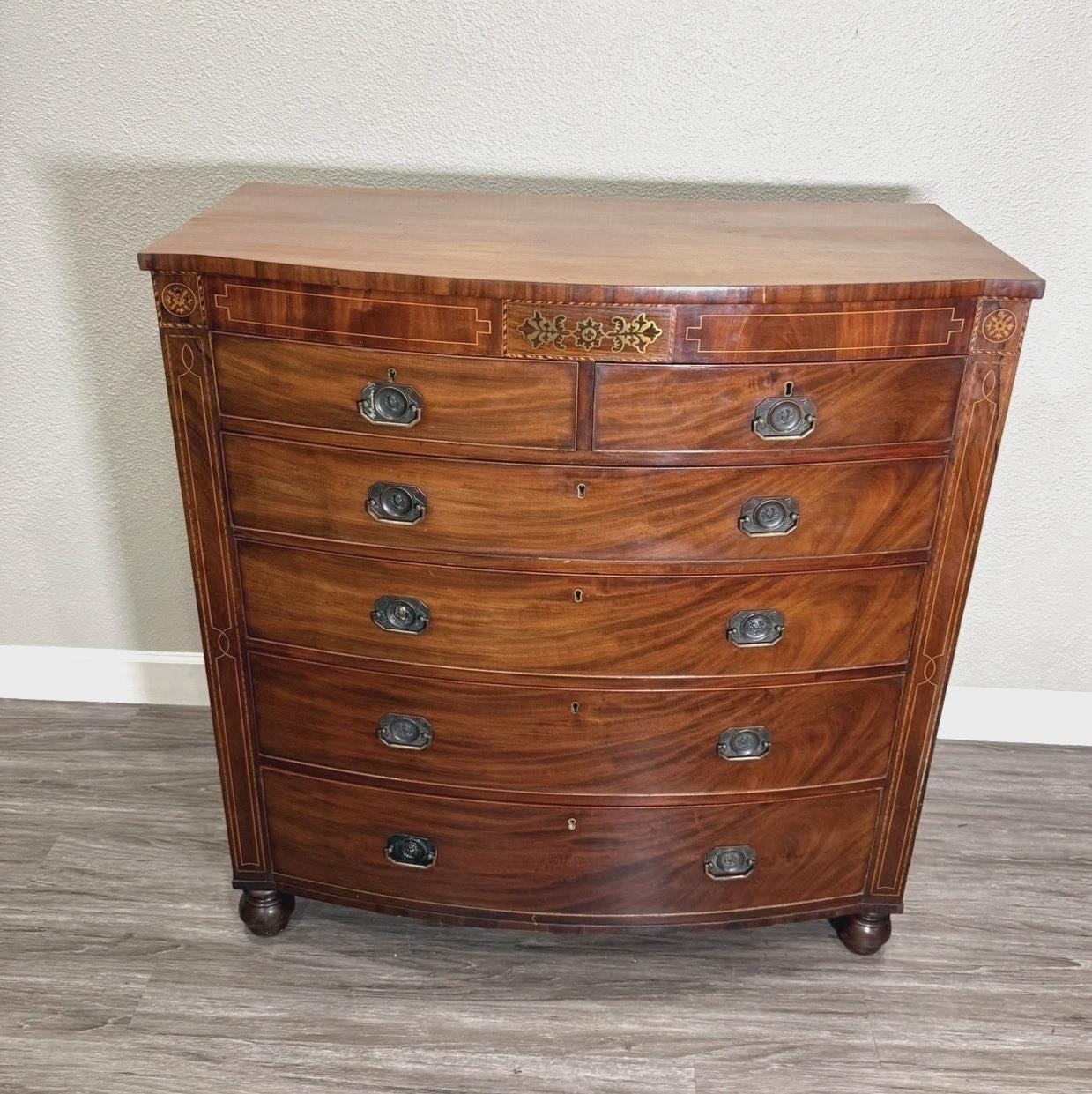 Antique English Inlaid Mahogany Chest of Drawers, 6 Drawer Dresser, Edwardian Highboy, Vintage Bedroom Furniture