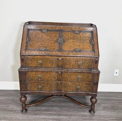 Antique English Tiger Oak William & Mary Drop Front Desk, Barley Twist Writing Desk, Jacobean Style Secretary
