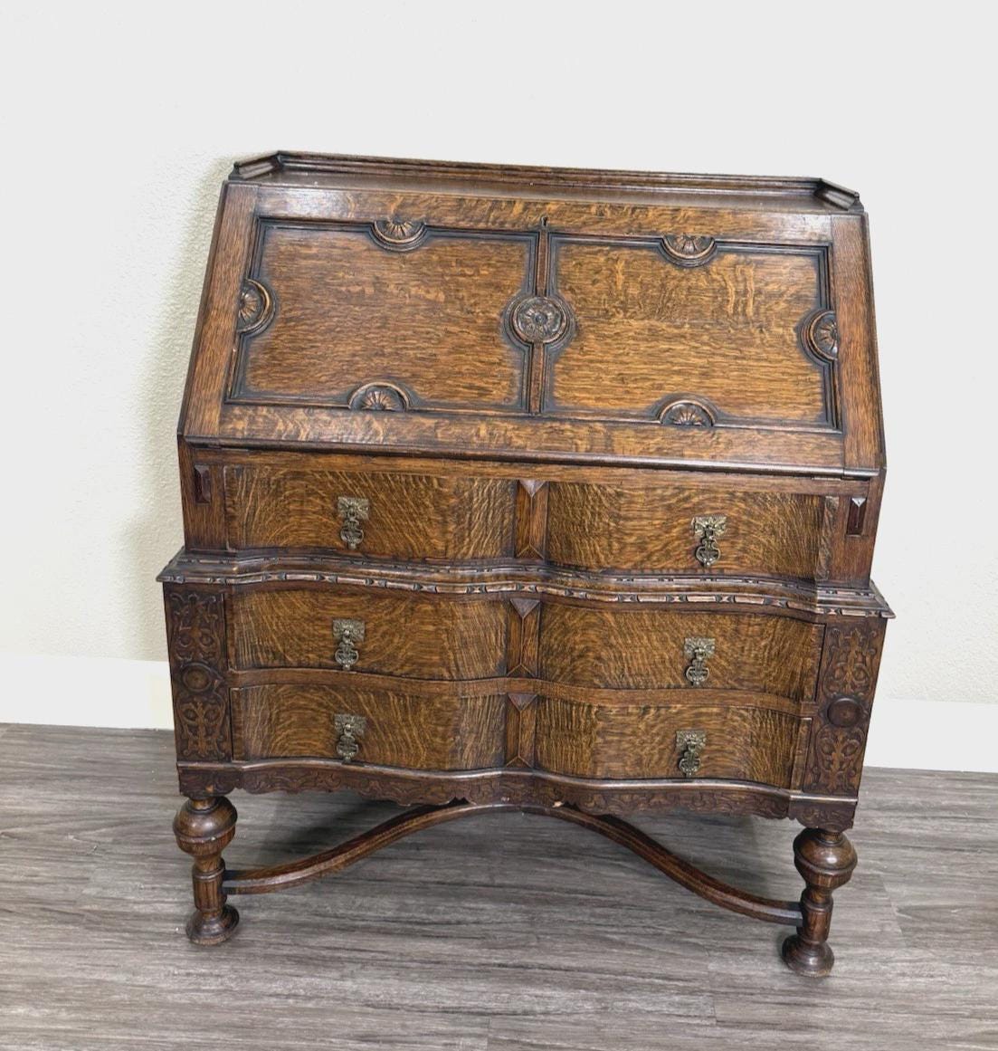 Antique English Tiger Oak William & Mary Drop Front Desk, Barley Twist Writing Desk, Jacobean Style Secretary