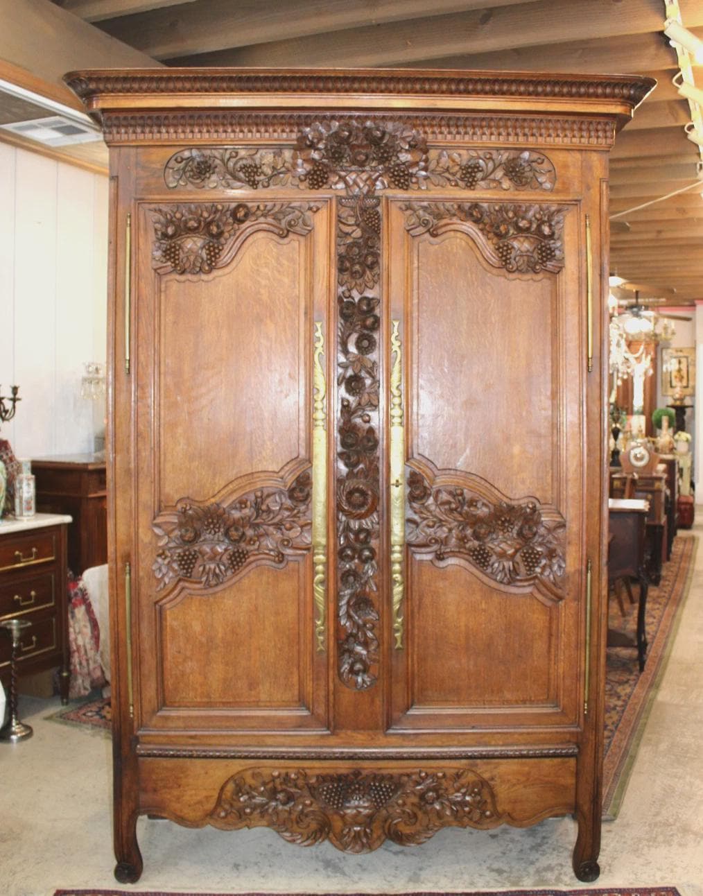 18th Century French Normandy Oak Armoire, Antique Carved 2 Door Wardrobe, Circa 1780 Rustic Provincial Cabinet