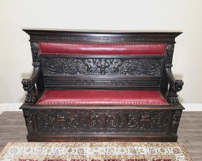 Antique French Renaissance Carved Walnut Bench, Storage Seat, Gothic Revival Hall Bench, 19th Century