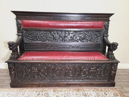 Antique French Renaissance Carved Walnut Bench, Storage Seat, Gothic Revival Hall Bench, 19th Century