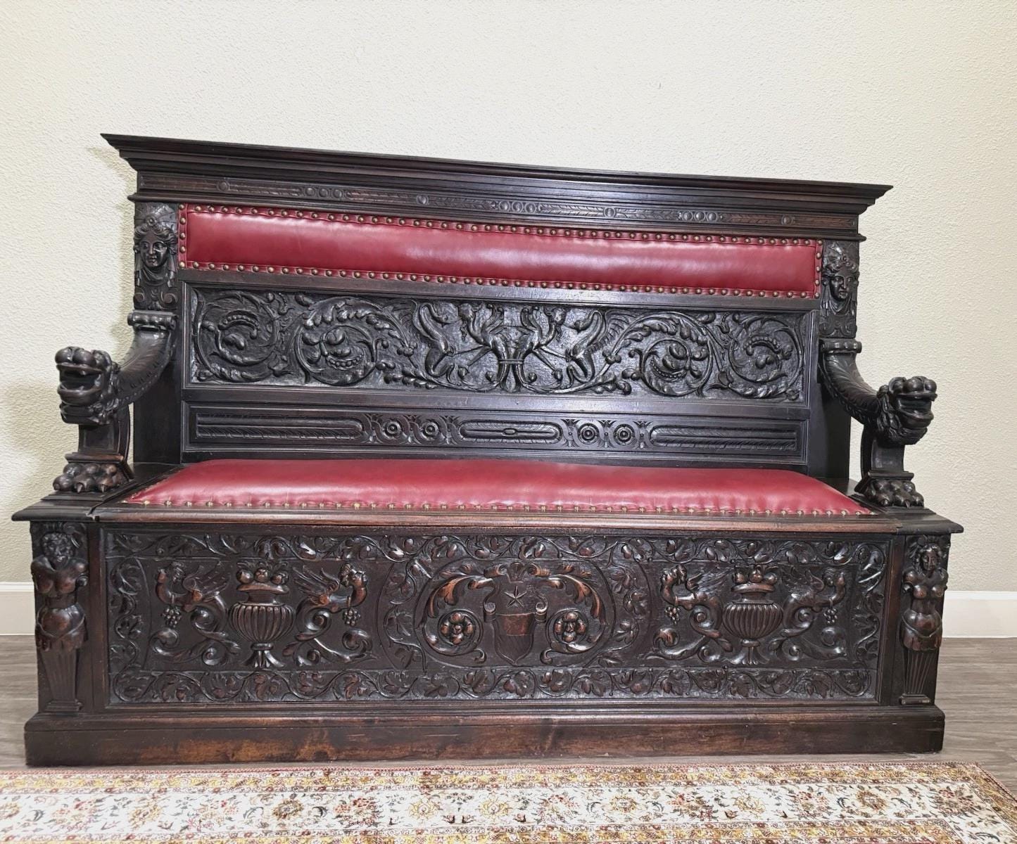 Antique French Renaissance Carved Walnut Bench, Storage Seat, Gothic Revival Hall Bench, 19th Century
