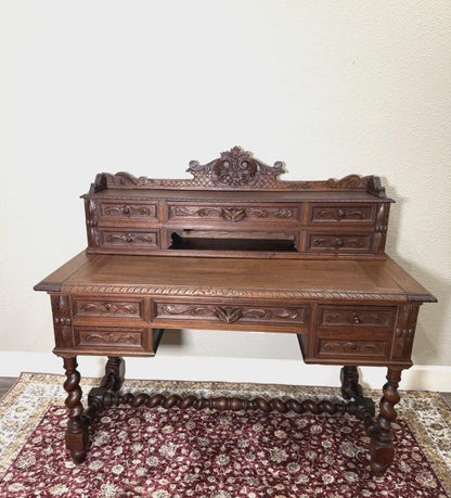 Antique French Louis XIII Oak Desk, Renaissance Style Carved Writing Desk, Barley Twist Legs, 19th Century