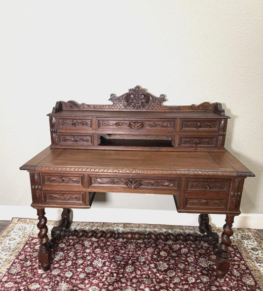 Antique French Louis XIII Oak Desk, Renaissance Style Carved Writing Desk, Barley Twist Legs, 19th Century