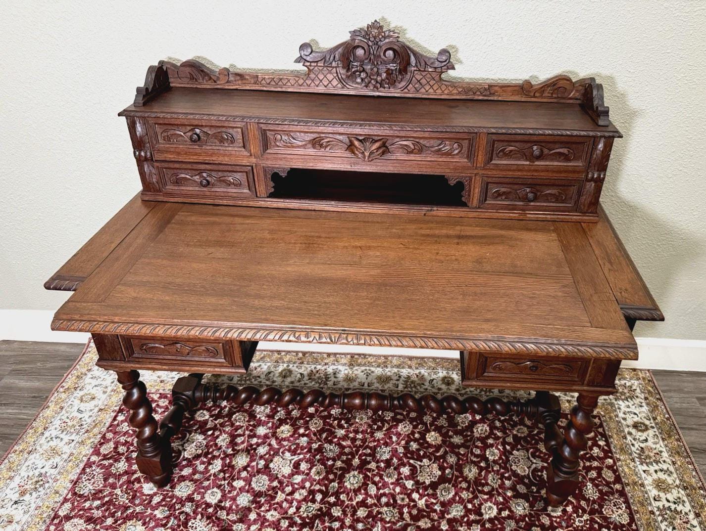 Antique French Louis XIII Oak Desk, Renaissance Style Carved Writing Desk, Barley Twist Legs, 19th Century