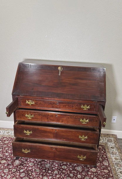 Antique English George II Mahogany Drop Front Desk, Secretary Desk with New Leather Writing Surface