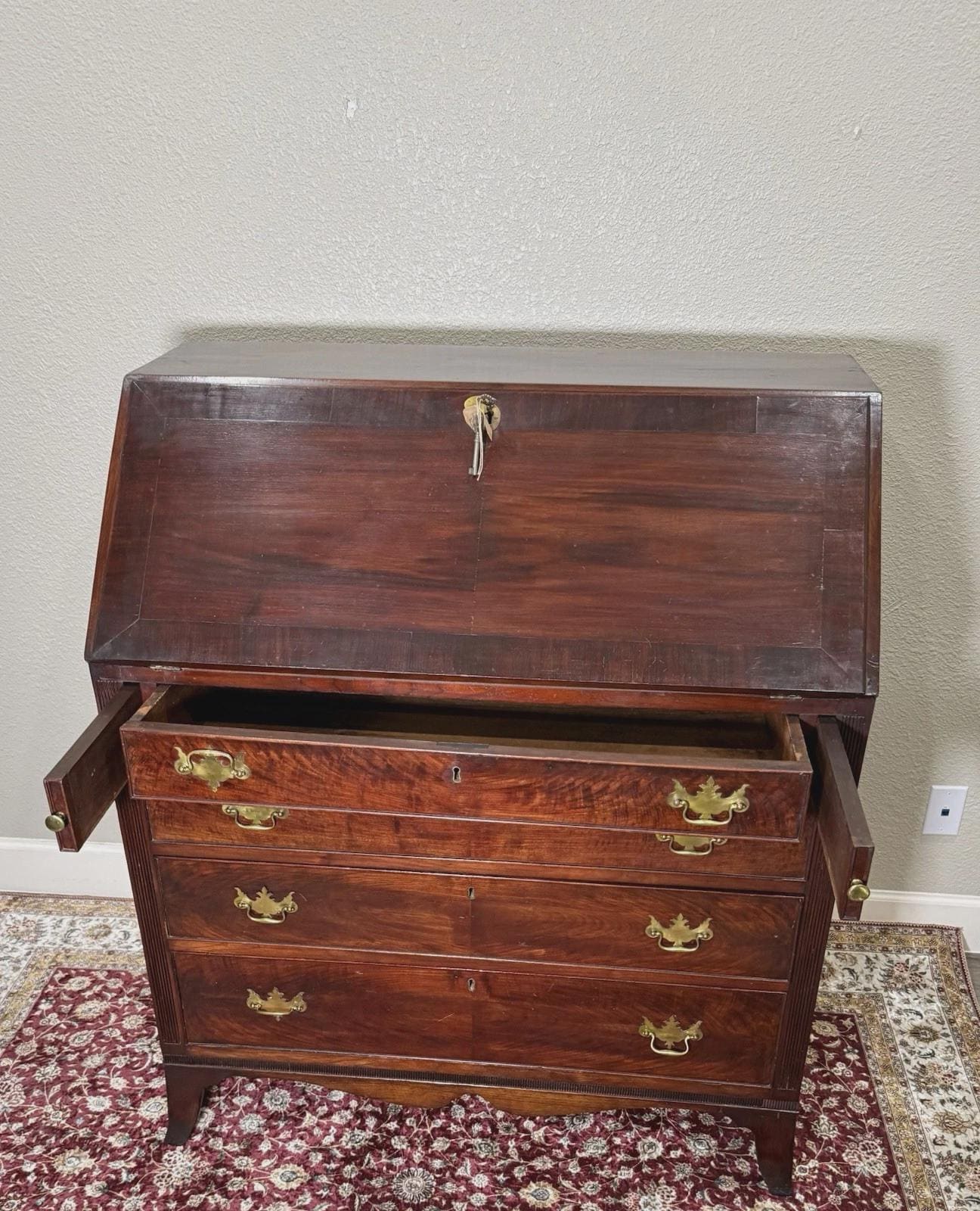 Antique English George II Mahogany Drop Front Desk, Secretary Desk with New Leather Writing Surface