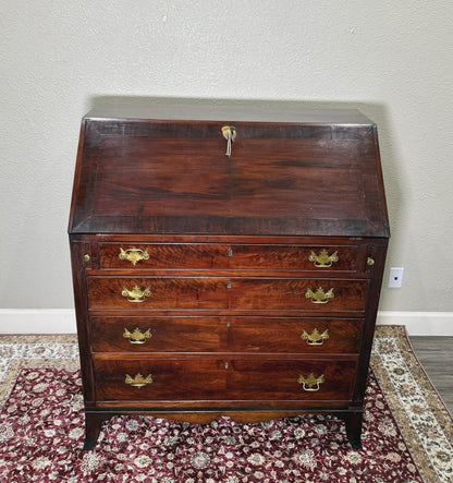 Antique English George II Mahogany Drop Front Desk, Secretary Desk with New Leather Writing Surface