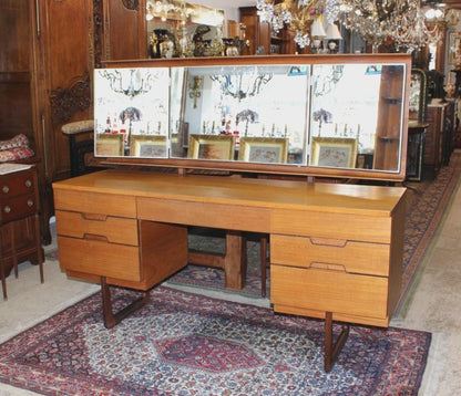Mid Century Modern Uniflex Teak Dresser with Mirrors, Danish Modern Vanity Credenza, Vintage Bedroom Set