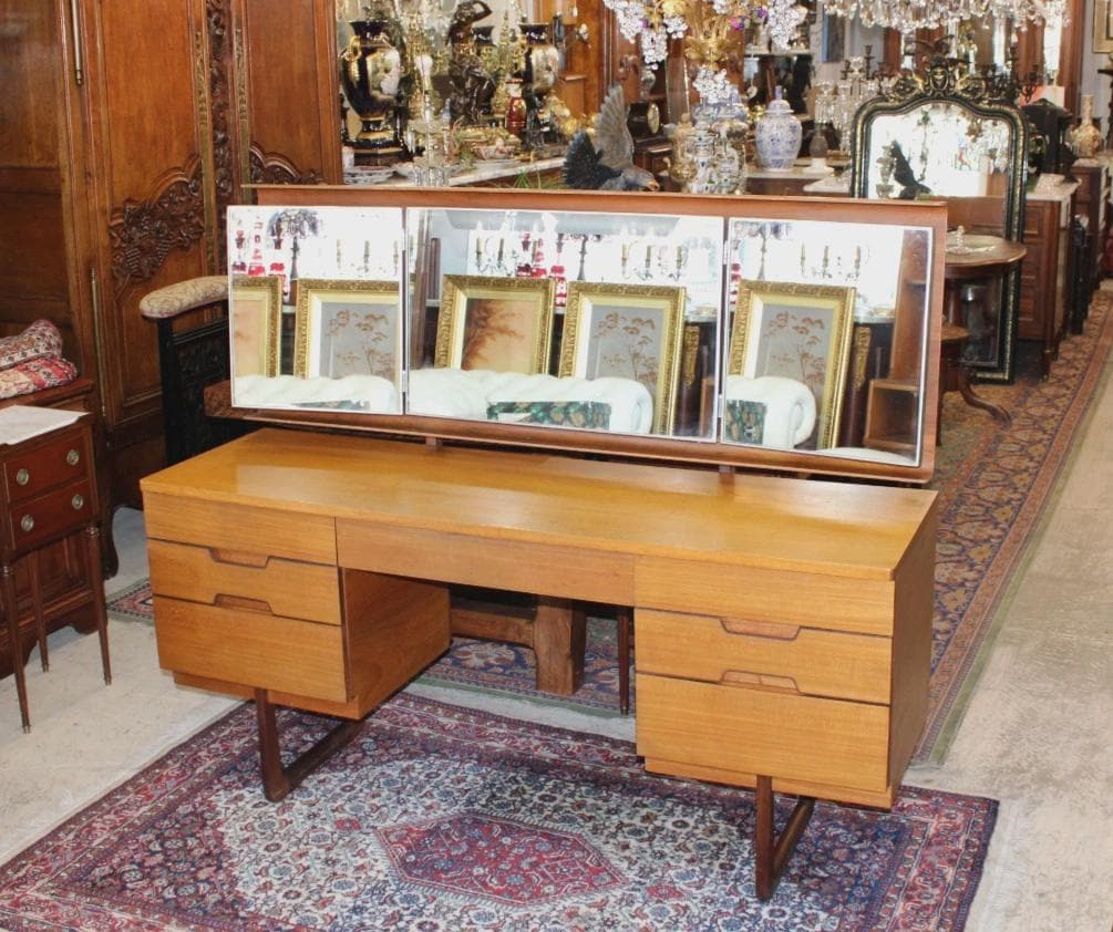 Mid Century Modern Uniflex Teak Dresser with Mirrors, Danish Modern Vanity Credenza, Vintage Bedroom Set