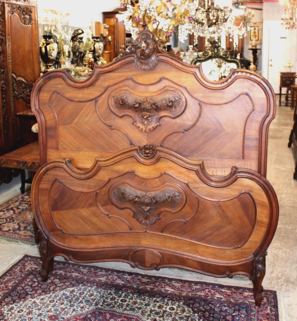 Antique French Louis XV Walnut Bed & Nightstand, Hand Carved Rose Motif, Full Size Bedroom Set