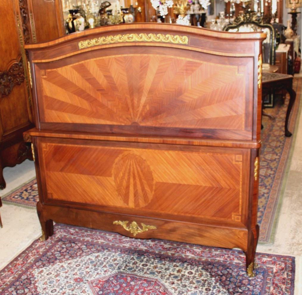 Antique French Louis XV Inlaid Bedroom Set, Signed Perol Freres, Queen Size Bed & Marble Nightstand