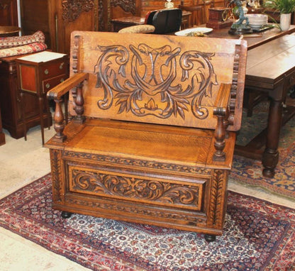 Antique English Jacobean Tiger Oak Bench, Carved Storage Seat, Hall Bench Table, 19th Century