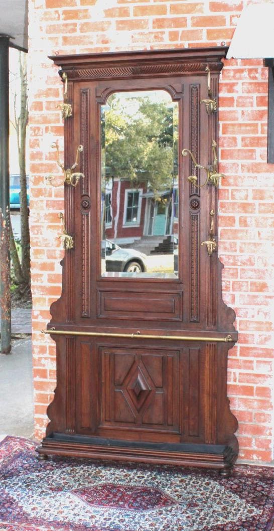 Antique French Renaissance Walnut Hall Tree, Carved Coat Rack with Mirror, Entryway Hall Stand