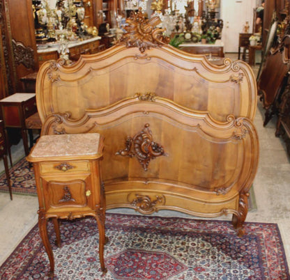 Antique French Louis XV Solid Walnut Bed & Nightstand, Hand Carved Full Size Bedroom Set