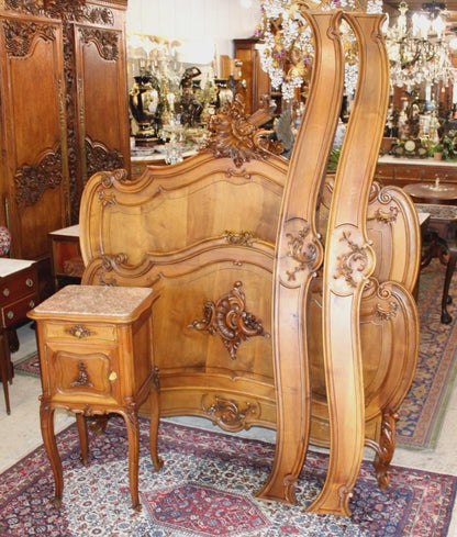 Antique French Louis XV Solid Walnut Bed & Nightstand, Hand Carved Full Size Bedroom Set