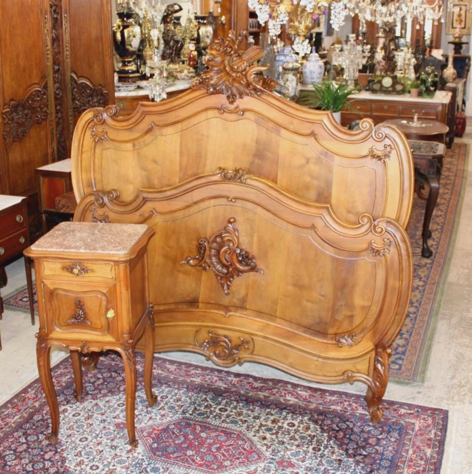 Antique French Louis XV Solid Walnut Bed & Nightstand, Hand Carved Full Size Bedroom Set