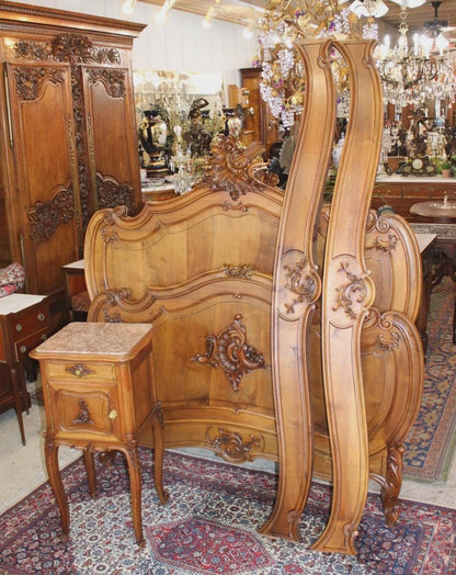Antique French Louis XV Solid Walnut Bed & Nightstand, Hand Carved Full Size Bedroom Set