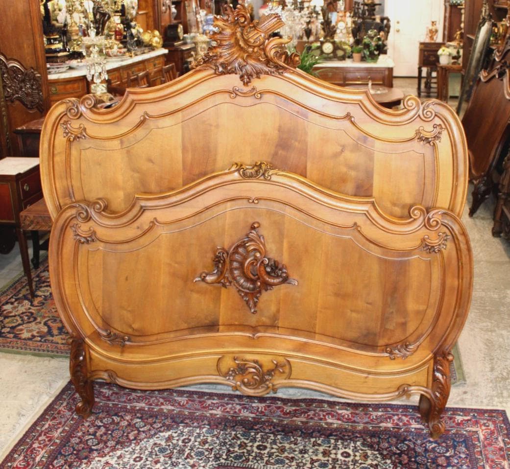 Antique French Louis XV Solid Walnut Bed, Hand Carved Full Size Bed Frame, Provincial Bedroom Furniture