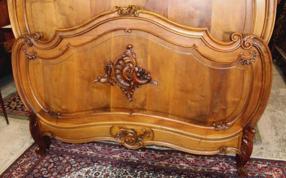 Antique French Louis XV Solid Walnut Bed, Hand Carved Full Size Bed Frame, Provincial Bedroom Furniture