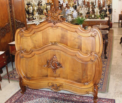 Antique French Louis XV Solid Walnut Bed, Hand Carved Full Size Bed Frame, Provincial Bedroom Furniture