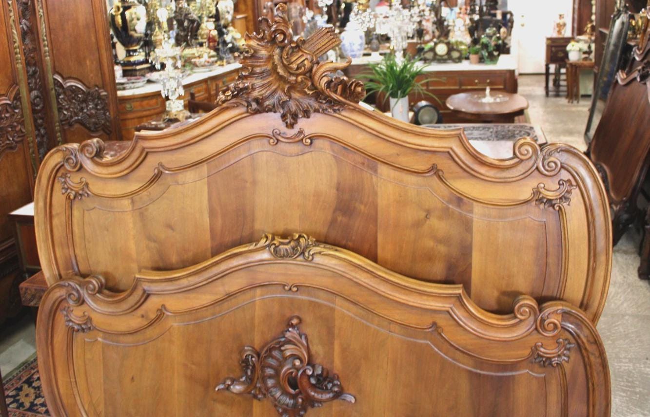 Antique French Louis XV Solid Walnut Bed, Hand Carved Full Size Bed Frame, Provincial Bedroom Furniture