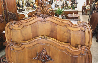 Antique French Louis XV Solid Walnut Bed, Hand Carved Full Size Bed Frame, Provincial Bedroom Furniture