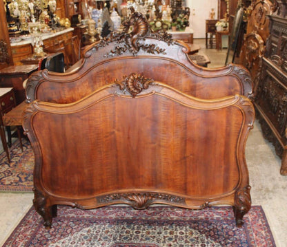 Antique French Louis XV Dark Walnut Bed & Nightstand, Hand Carved Full Size Bedroom Set