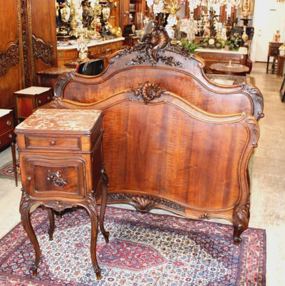 Antique French Louis XV Dark Walnut Bed & Nightstand, Hand Carved Full Size Bedroom Set