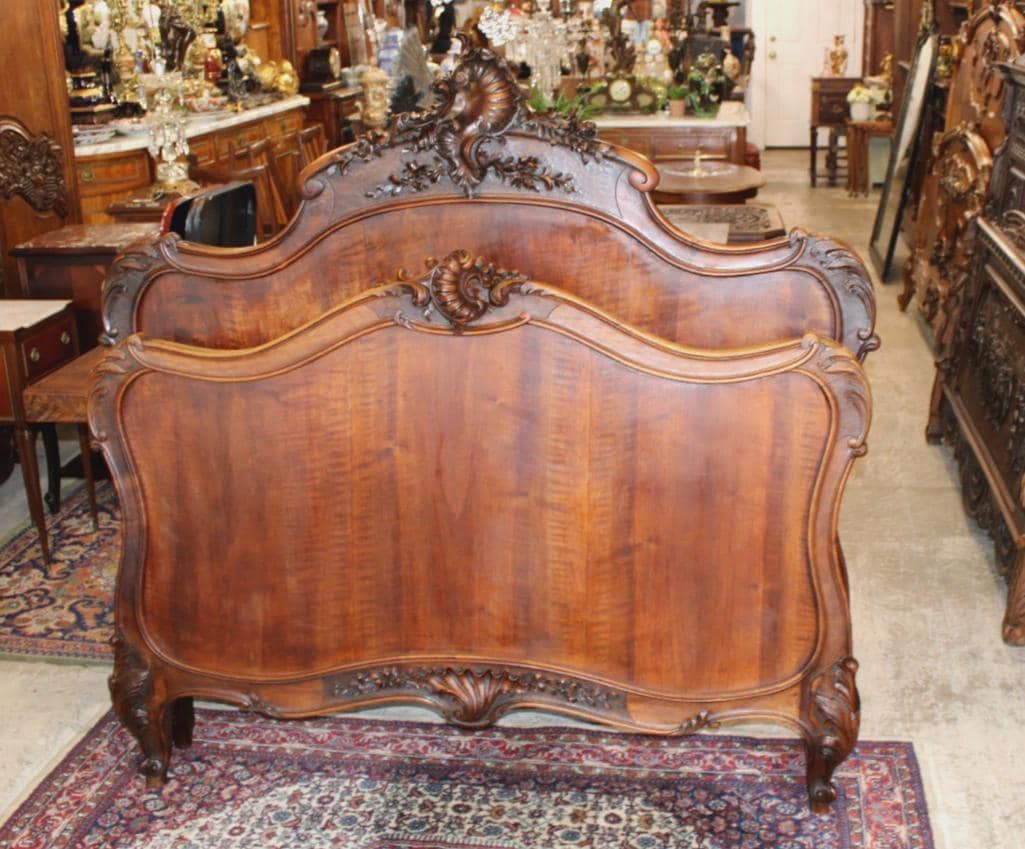 Antique French Louis XV Dark Walnut Bed, Hand Carved Full Size Bed Frame, Provincial Bedroom Furniture