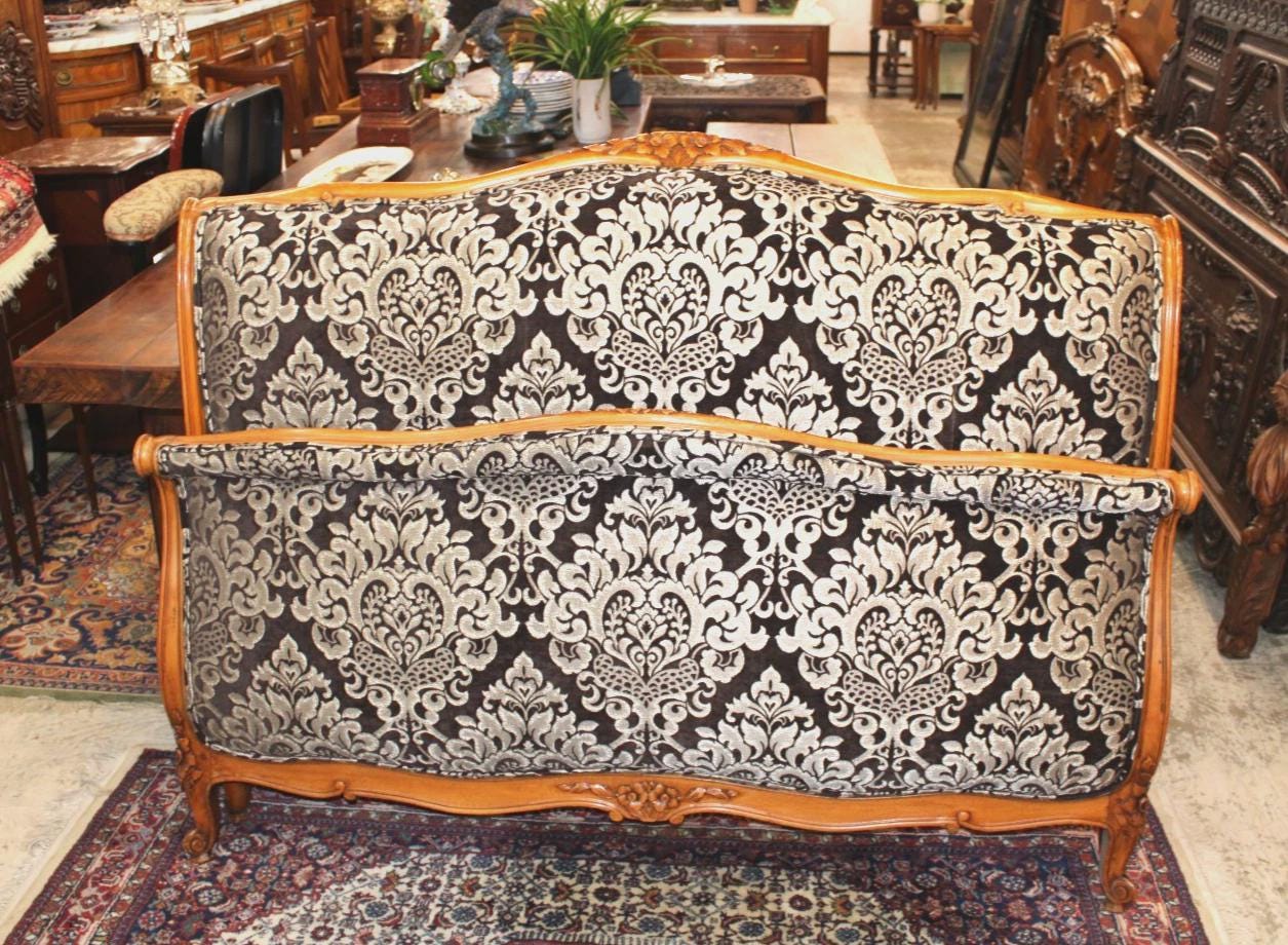 Antique French Louis XV Walnut Upholstered Bed, Full Size, Silver & Black Damask, Newly Upholstered