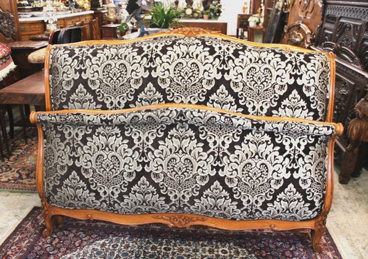 Antique French Louis XV Walnut Upholstered Bed, Full Size, Silver & Black Damask, Newly Upholstered