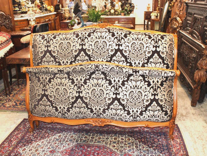 Antique French Louis XV Walnut Upholstered Bed, Full Size, Silver & Black Damask, Newly Upholstered