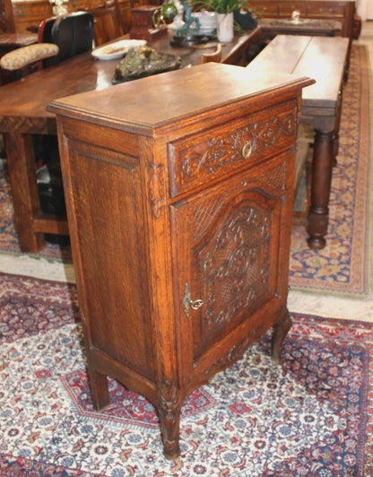 French Antique Louis XV Tiger Oak Jam Cabinet, Carved Oak Side Cabinet, Rustic Storage
